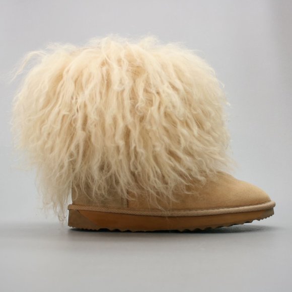 Alugg Ladies 7 Curly Lamb Hair Sheep Tan Suede Sheepskin Winter Short Booties - Picture 4 of 12